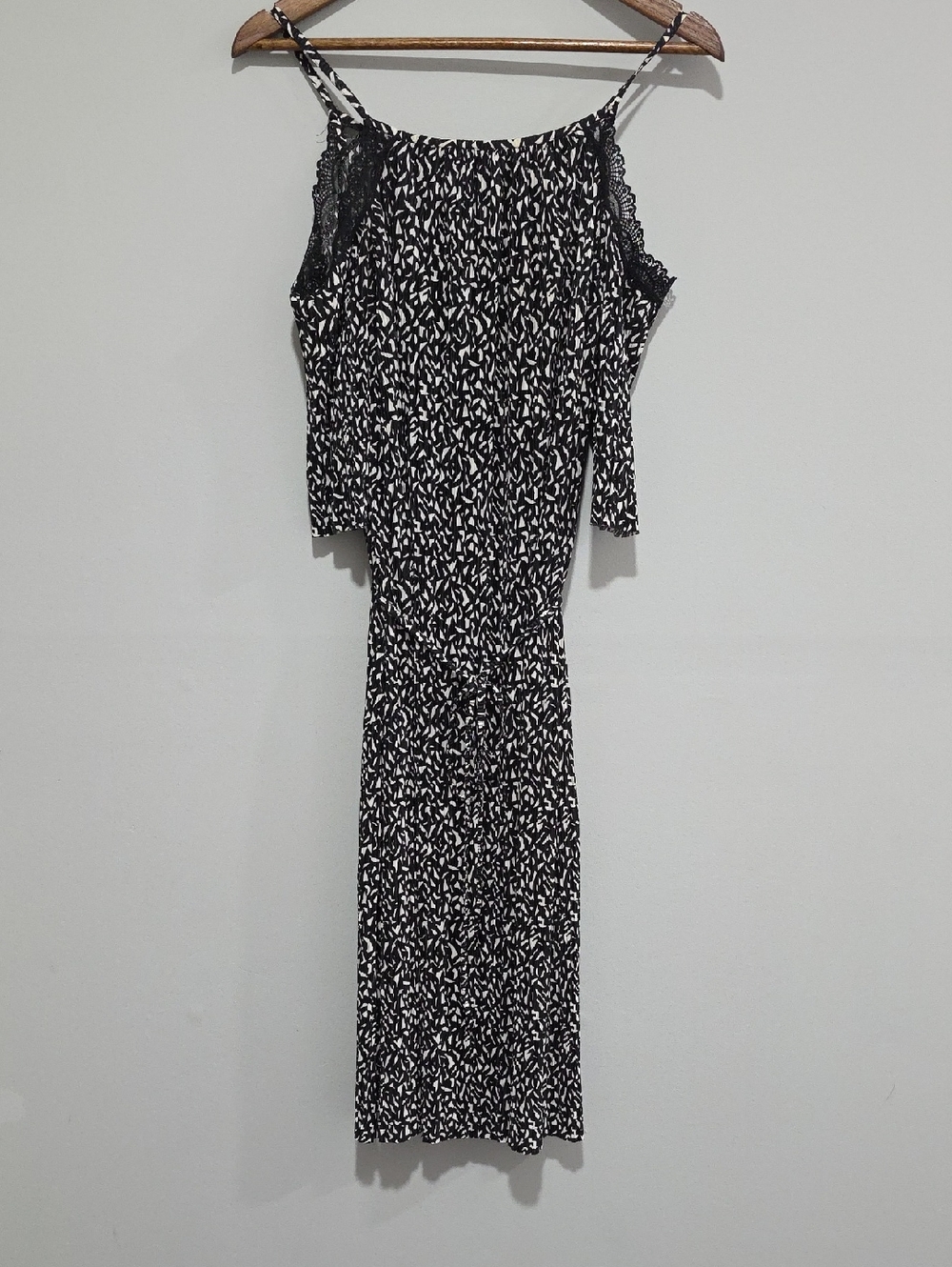 Topshop Black and White Printed Midi Slip Dress with Lace Trim Sz 8